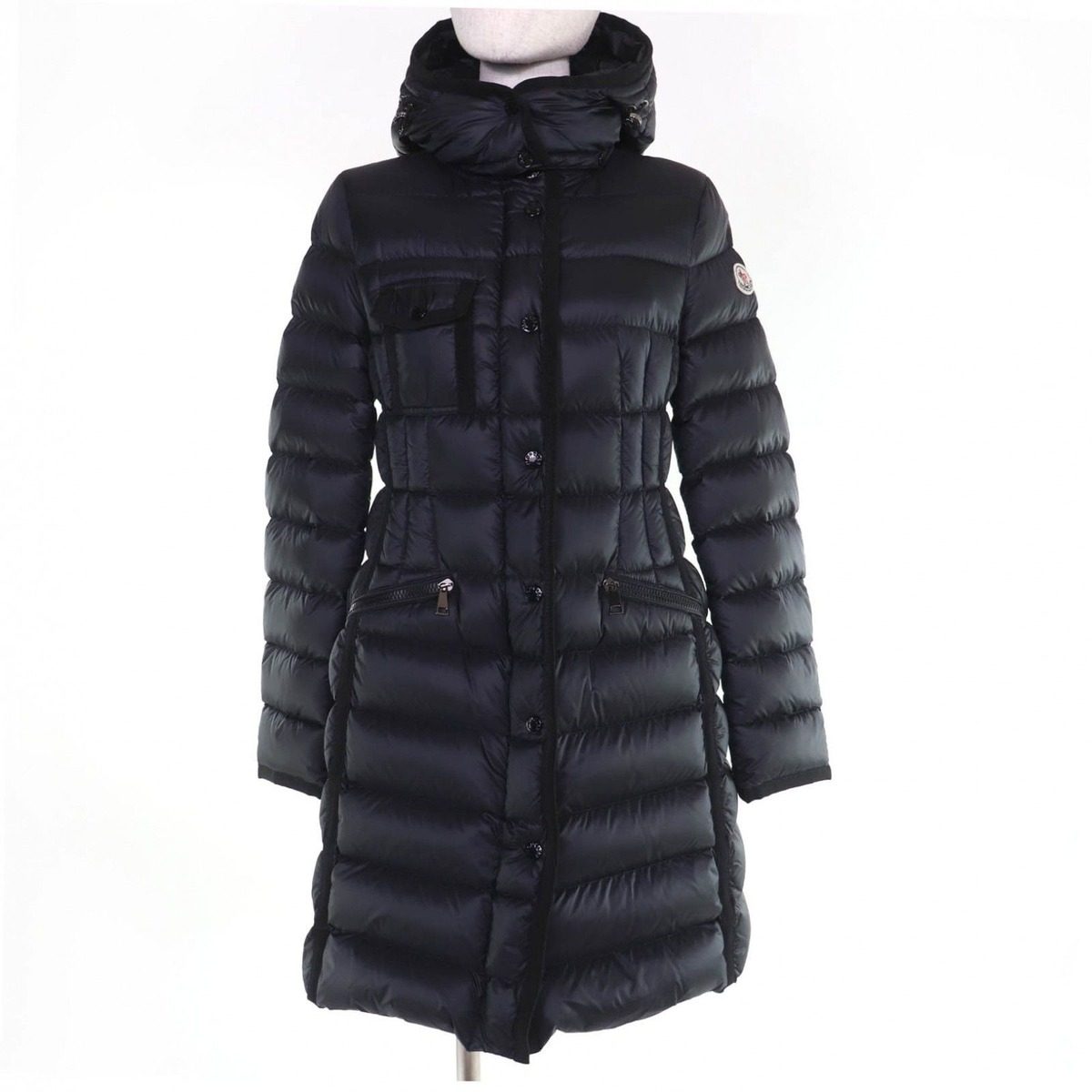 Moncler Hermine Logo Patch Hooded Down Coat Black 0