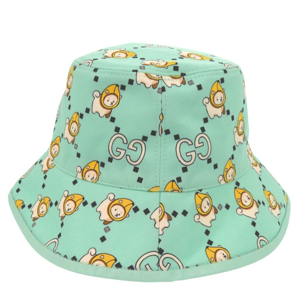 Gucci Kawaii Printed Bucket Hat Shiba Inu Banana XS Cotton Mint Green White X Yellow