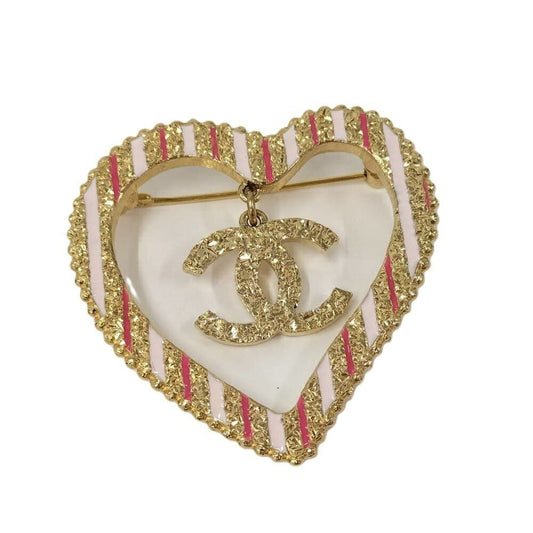 Chanel Heart Brooch CC Logo Line Stone Gold Plated