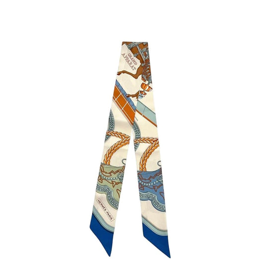 Hermes Ribbon Scarf Twill Beige Blue Dressed Horse Grand Apparat Already