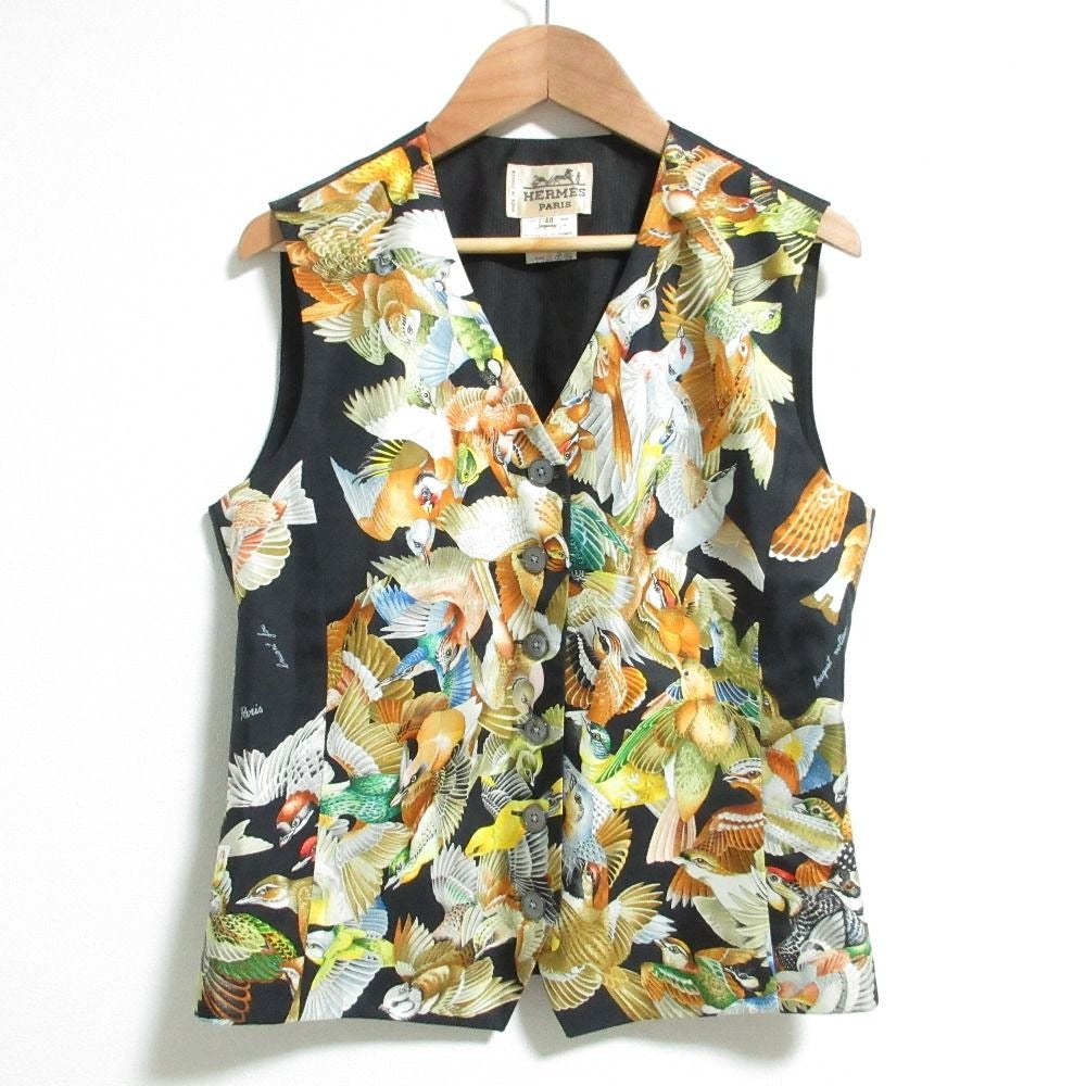 Hermes Vintage Bird Print Silk Gilet Vest Size 40 Black