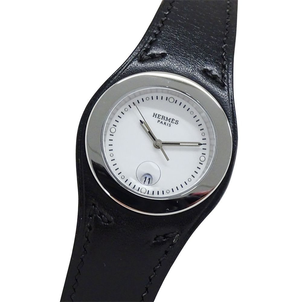 Hermes Watch Ane Date Quartz Stainless Steel Leather White Black Polished