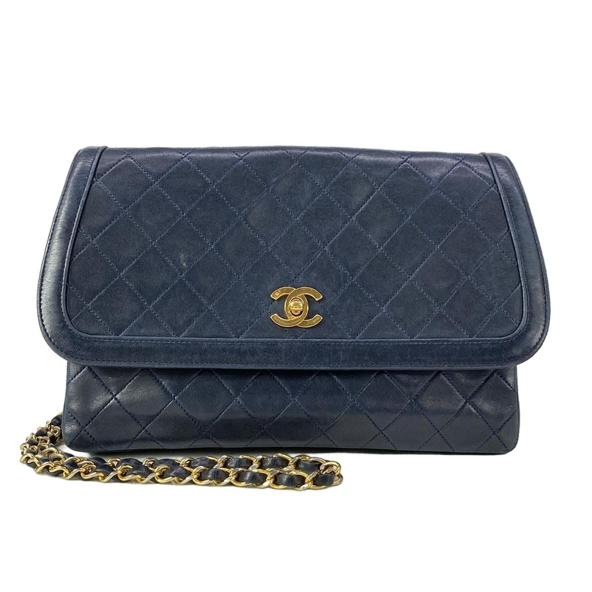 Chanel Shoulder Bag Quilted Navy Chain Gold Lambskin