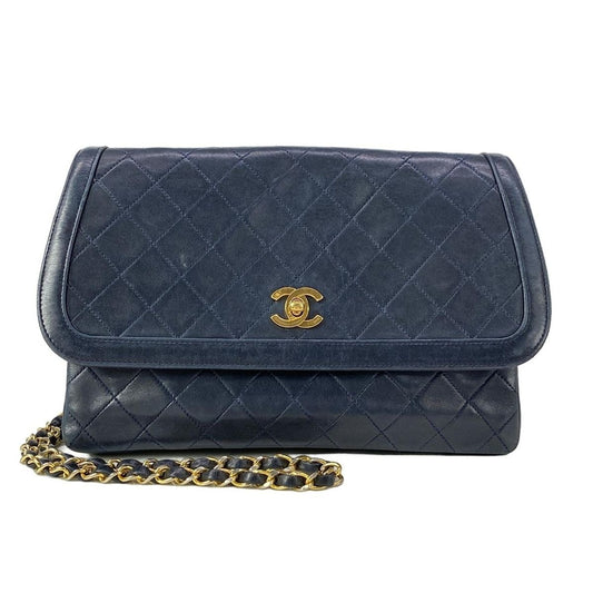 Chanel Shoulder Bag Quilted Navy Chain Gold Lambskin