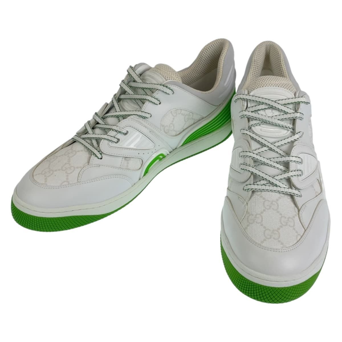 Gucci Basket 11.5 White Green GG Canvas Leather Low Cut Lace Up Sneaker