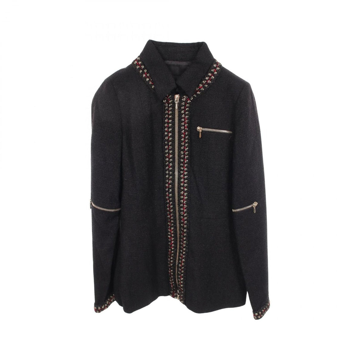 Chanel CC Logo Button Zip Wool Silk Jacket Black