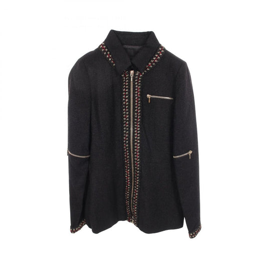 Chanel CC Logo Button Zip Wool Silk Jacket Black