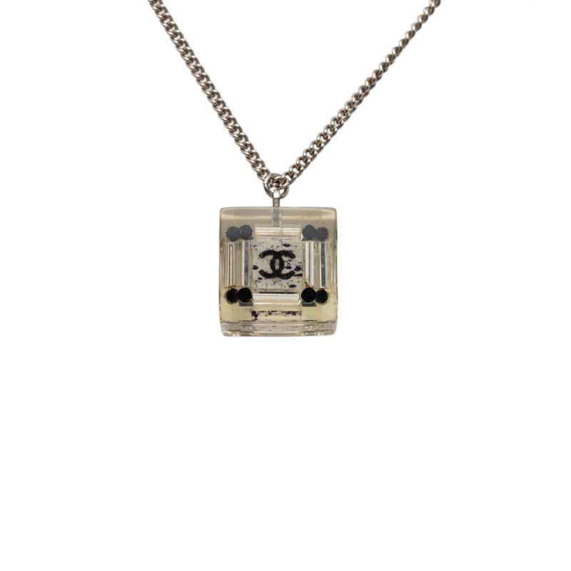 Chanel CC Logo Square Cube Pendant Necklace Clear Black Silver Metal Plastic
