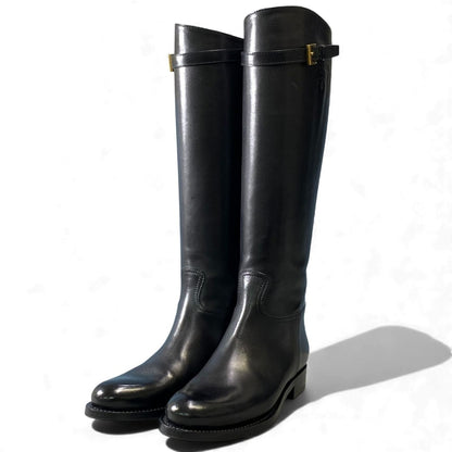 Prada Embossed Logo Long Boots with Buckle Strap 38 Black Leather Shoes Middle — view 2