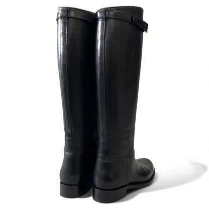 Prada Embossed Logo Long Boots with Buckle Strap 38 Black Leather Shoes Middle — view 4