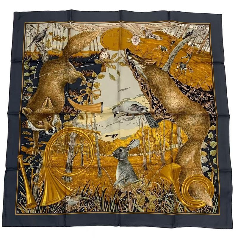 Hermes Scarf Silk Carre 90 Chasse Au BOIS Forest Hunting Gray