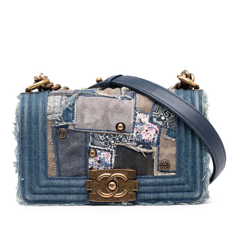 Chanel Boy Chanel Patchwork Chain Shoulder Bag Blue Gold Denim Women's Chanel