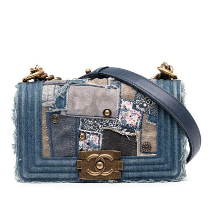 Chanel Boy Chanel Patchwork Chain Shoulder Bag Blue Gold Denim Women's Chanel