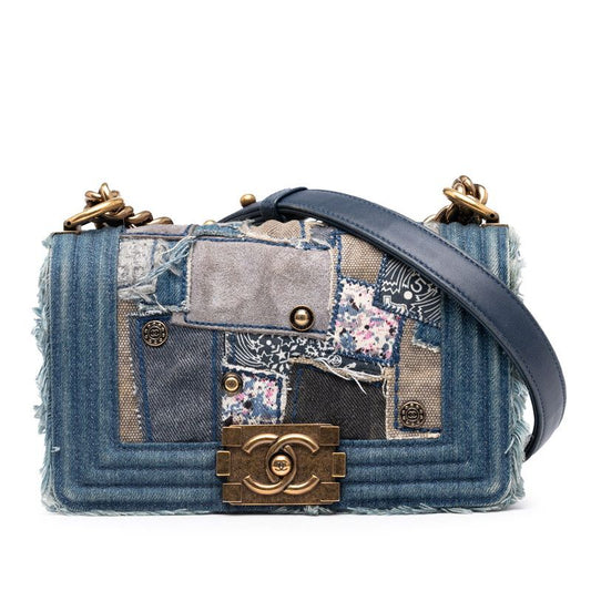 Chanel Boy Chanel Patchwork Chain Shoulder Bag Blue Gold Denim Women's Chanel