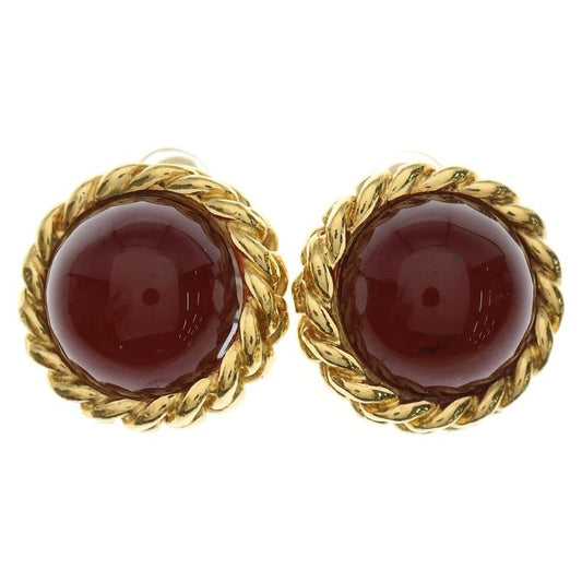 Chanel Vintage Gripoix Chain Design Color Stone GP Earrings Gold Red