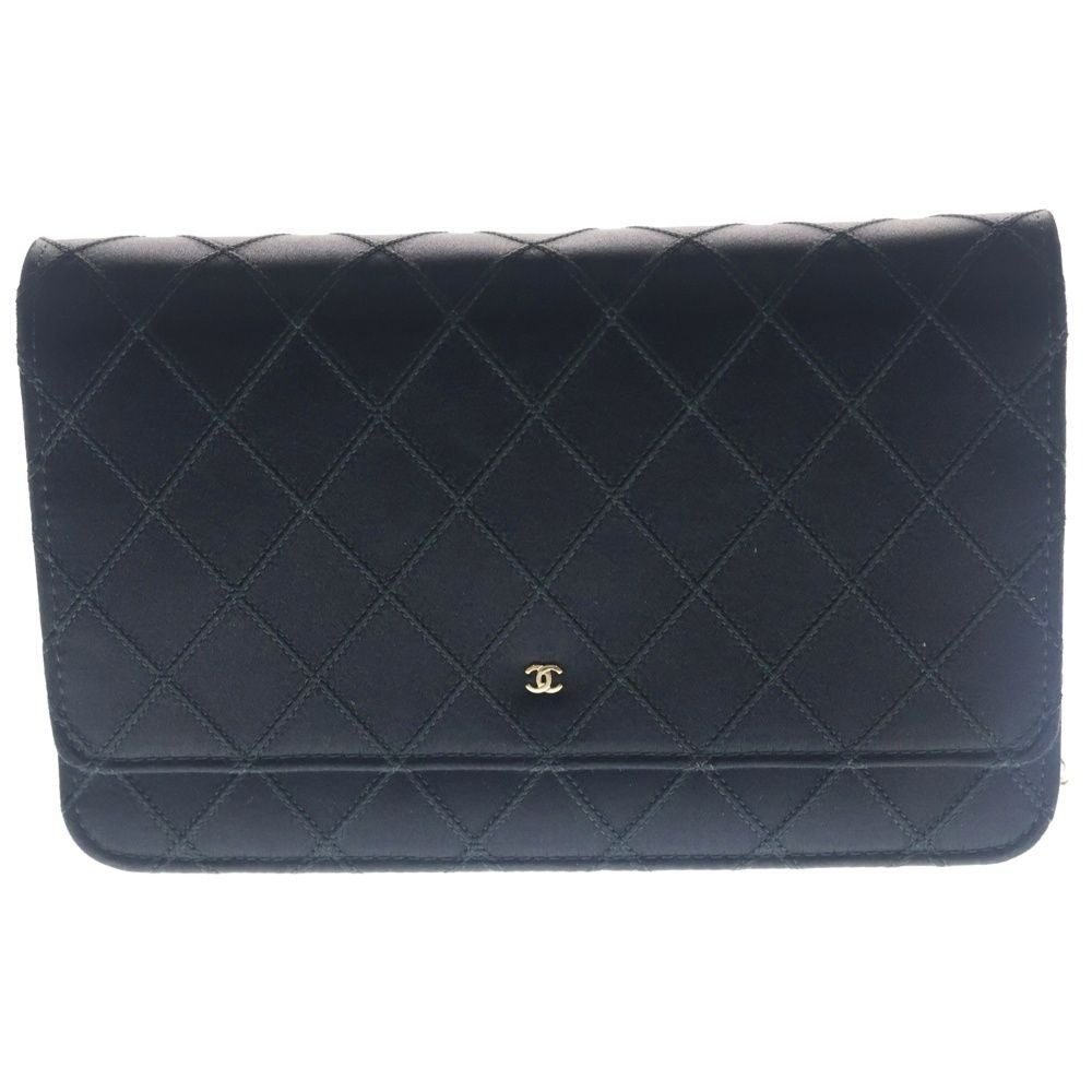 Chanel CC Logo Chain Wallet Shoulder Bag Satin Leather Black