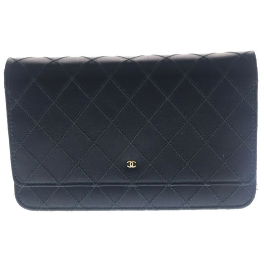Chanel CC Logo Chain Wallet Shoulder Bag Satin Leather Black