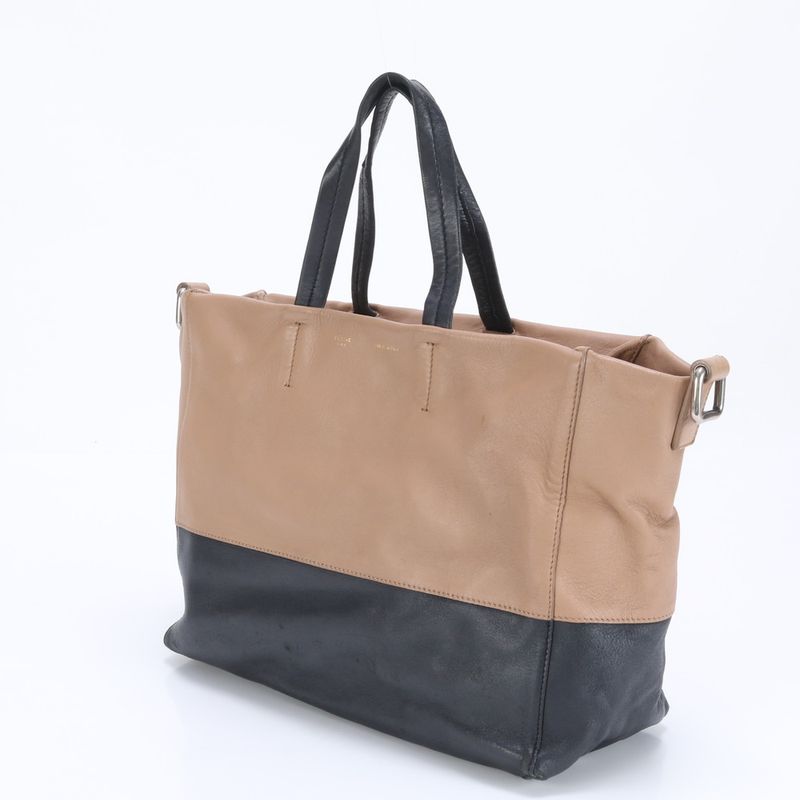 Celine Horizontal Hippo Leather Tote Bag Shoulder Hand Beige Black Bicolor