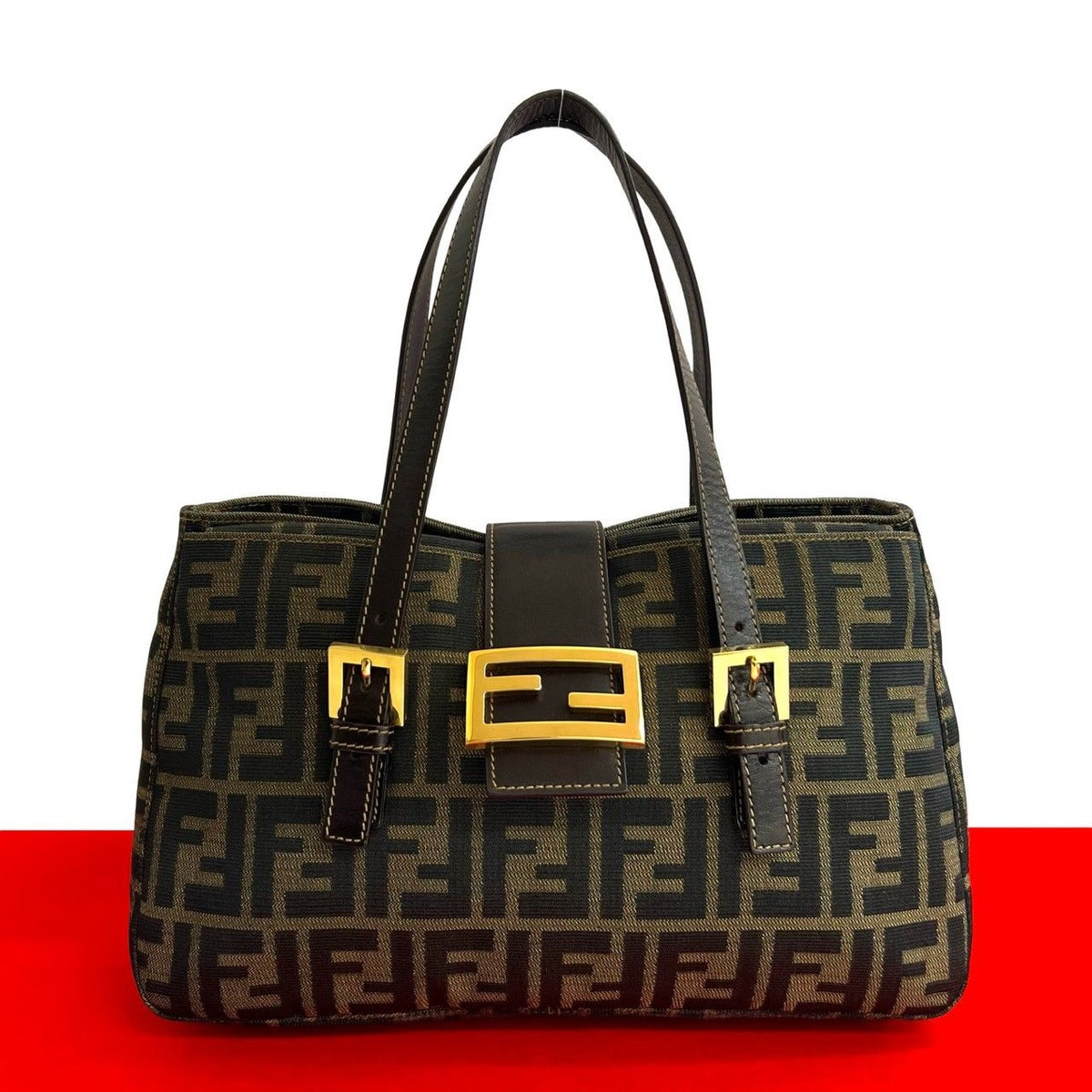 Fendi Zucca FF Pattern Logo Canvas Leather Handbag Brown Black