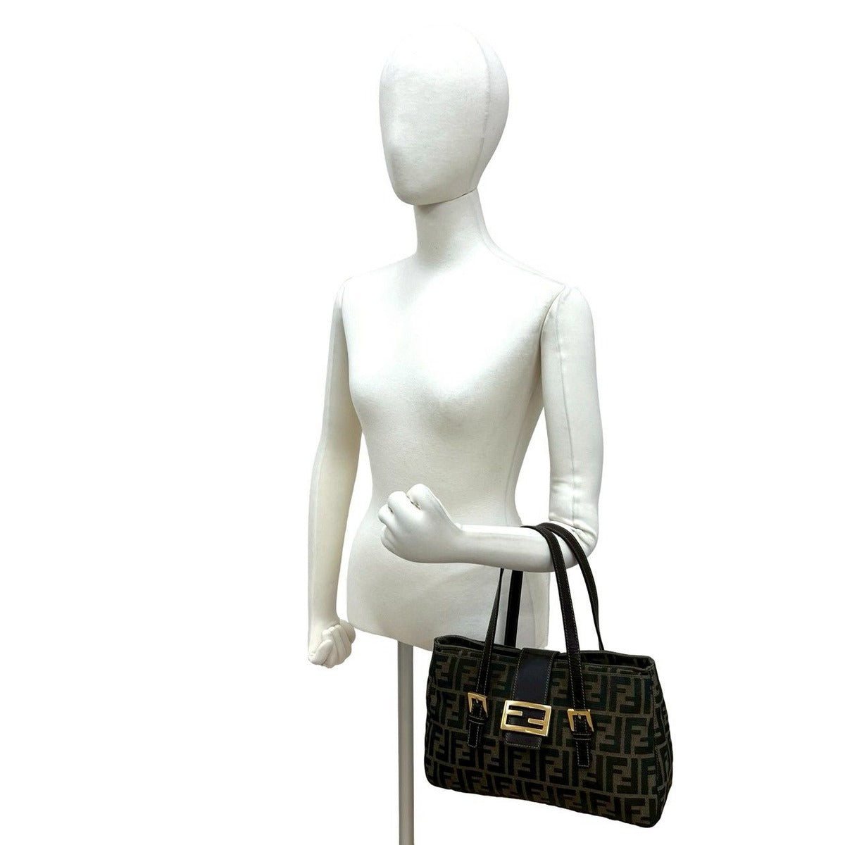 Fendi Zucca FF Pattern Logo Canvas Leather Handbag Brown Black — view 2