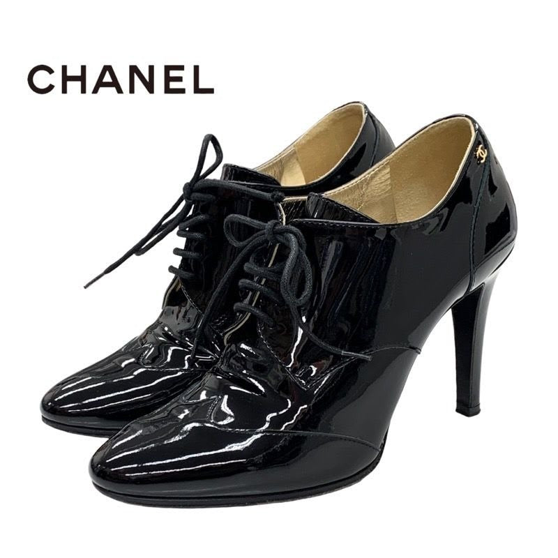 Chanel Boots Short Booties Lace Up Coco Mark Patent Black