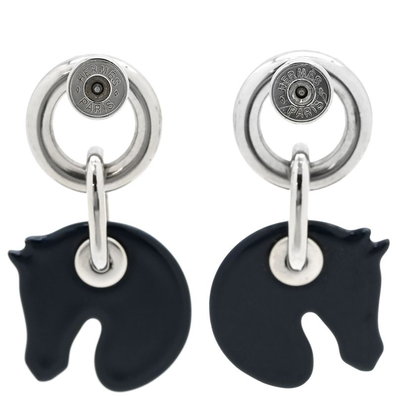 Hermes Earrings Tattersalls Enamel Metal Navy X White Horse Print [box