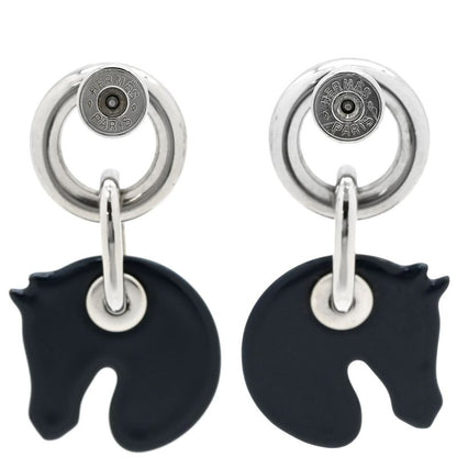 Hermes Earrings Tattersalls Enamel Metal Navy X White Horse Print [box