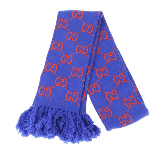 Gucci Tagged GG Jacquard Scarf All Over Pattern Fringe Shawl Blue