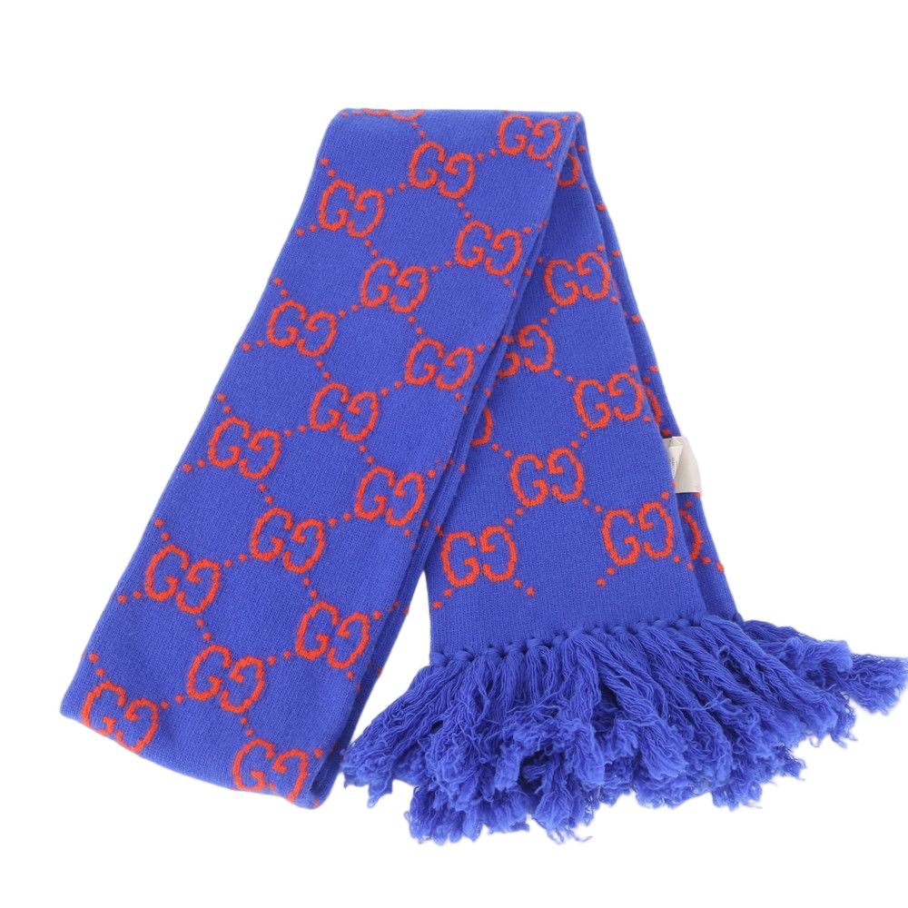 Gucci Tagged GG Jacquard Scarf All Over Pattern Fringe Shawl Blue — view 2