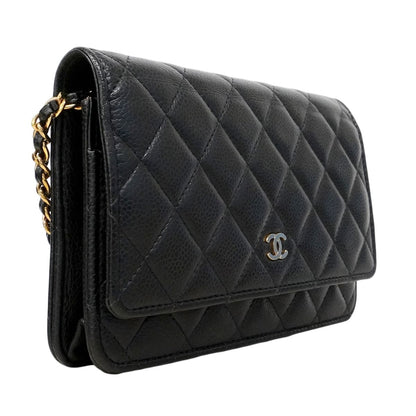 Chanel Shoulder Wallet Quilted Caviar Leather Black Gold — view 2