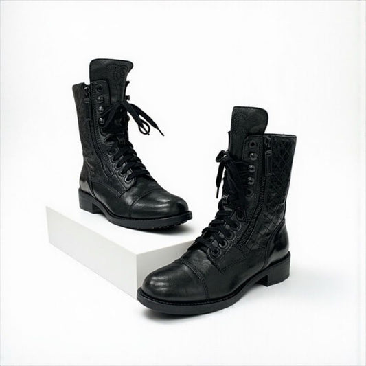 Chanel Boots Short Shoes Leather Black Coco Mark Quilted Logo Lace Up