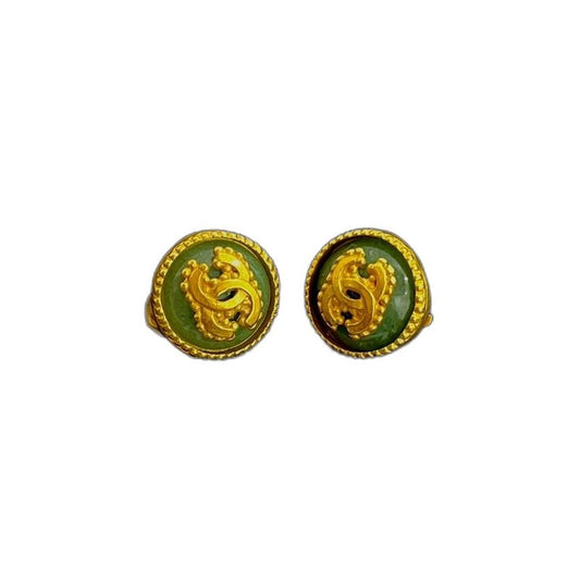 Chanel with Rice Vintage Gripoix CC Logo Earrings Gold Green