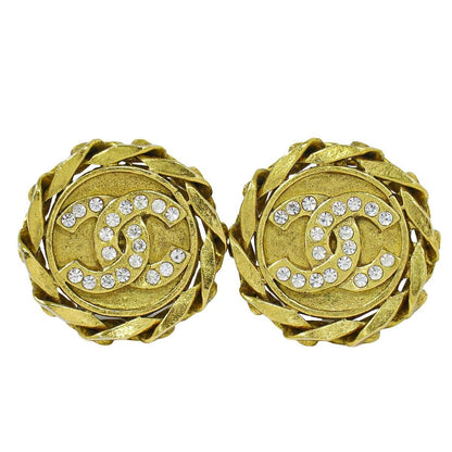 Chanel CC Logo Line Stone Earrings Gold Plated