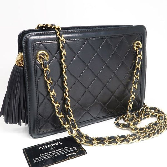 Chanel Chain Bag Black Quilted Fringe Shoulder Vintage Card