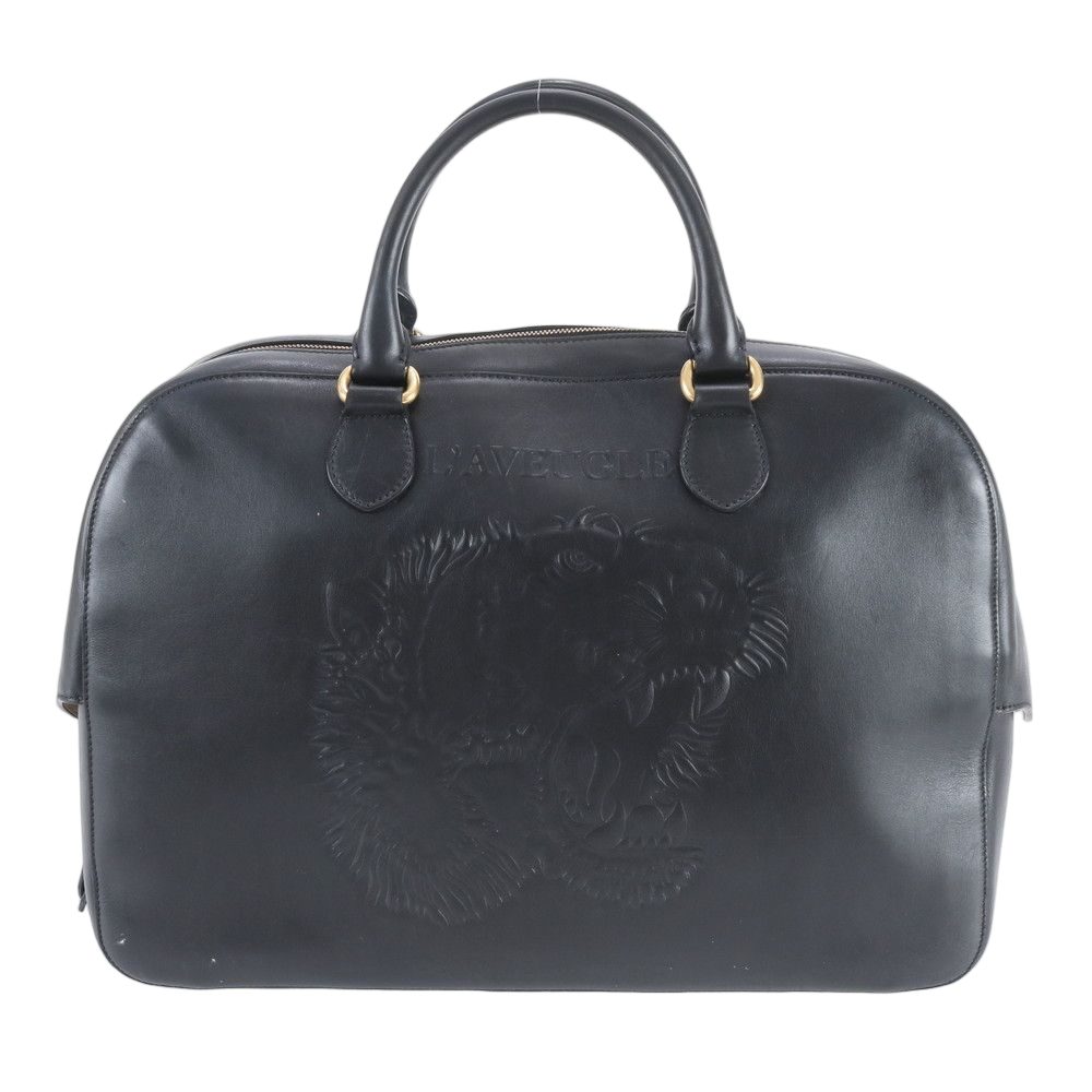 Gucci Tiger Leather Boston Bag Business Trip Tote Travel Black Ree