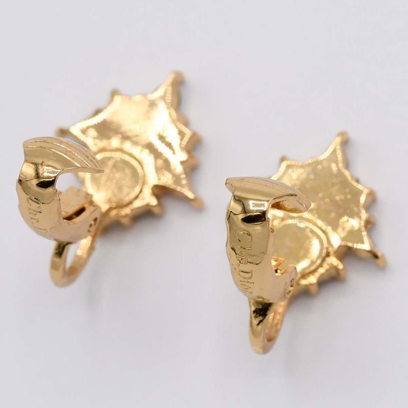 Christian DIOR Earrings Rhinestone Gold Color Accessories Women H8627