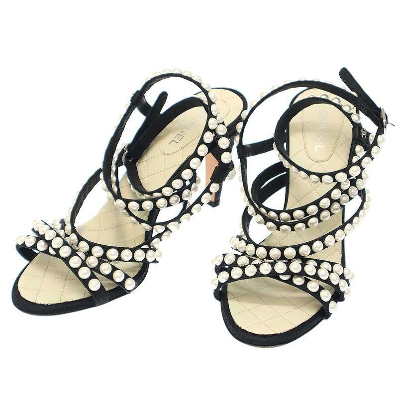 Chanel Multi-Strap Quilted Pearl Sandals Black 37 1 2