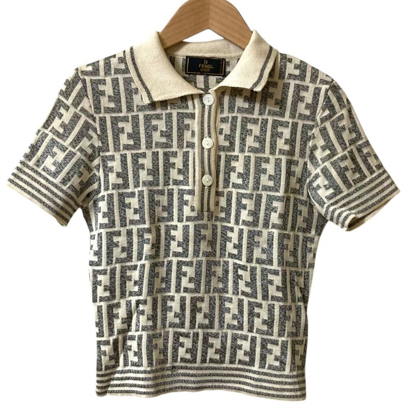 Fendi Zucca Pattern Short Sleeve Knit Polo Shirt Ivory Gray Women's Used