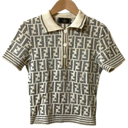 Fendi Zucca Pattern Short Sleeve Knit Polo Shirt Ivory Gray Women's Used