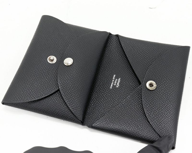 Hermes Coin Case Foldable Card Case Calvi Duo Epson Black Silver Hardware