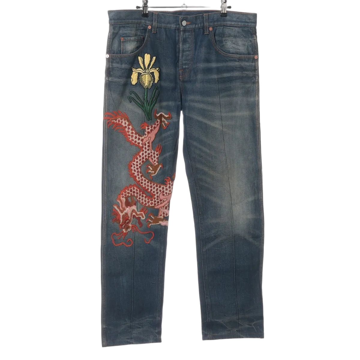 Gucci Dragon Embroidery Denim Pants Distressed Jeans 38
