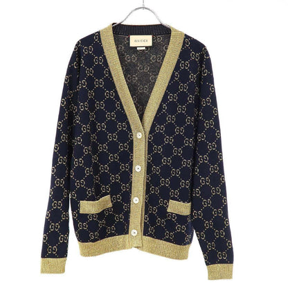 Gucci GG Cotton Lam Fabric Cardigan Navy Gold Xxs