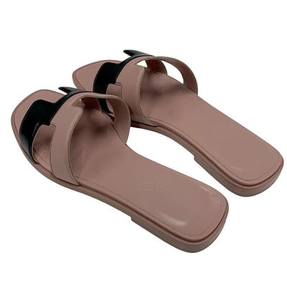 Hermes Oran Sandals Shoes Leather Pink Black Flat Sandals Mules