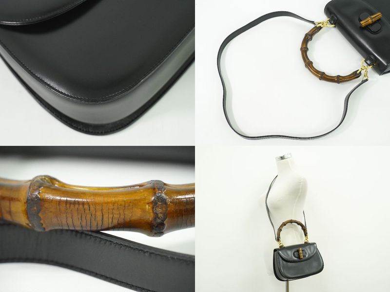 Authentic Gucci Bamboo 2WAY Shoulder Bag Handbag Pochette Leather Black Bamboo