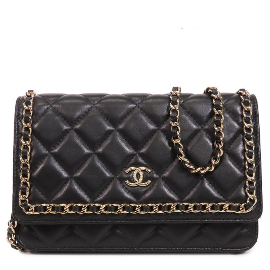 Chanel Chain Black Gold Lambskin Quilted Wallet Pochette Shoulder Bag