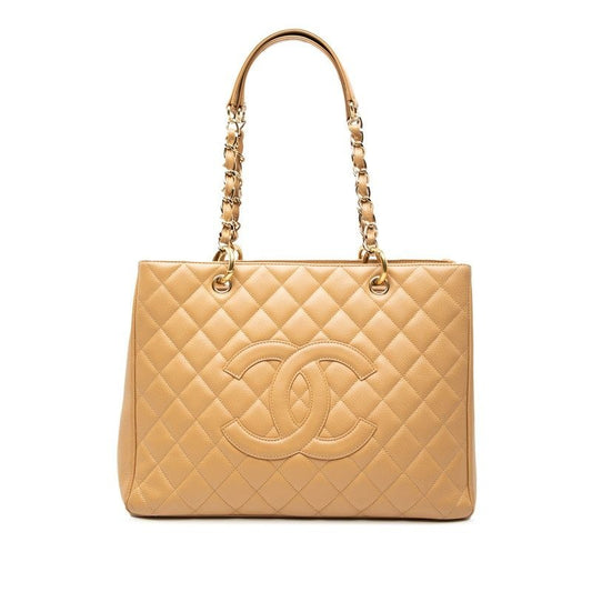 Chanel CC Logo Quilted Grand Shopping Tote GST Chain Beige Caviar Leather