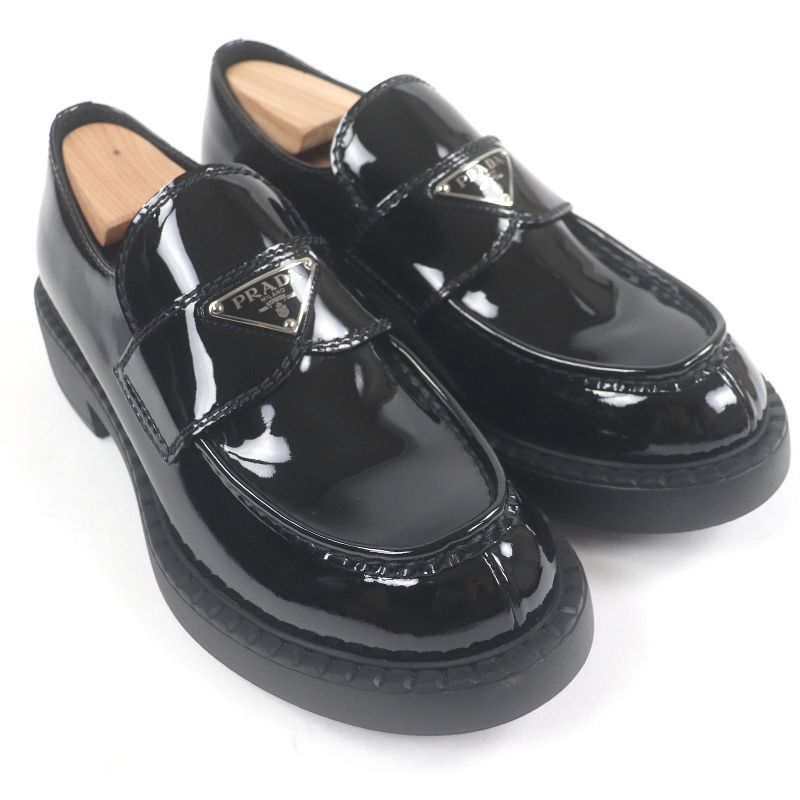 Prada Chocolate Patent Leather Triangle Logo Thick Soled Loafers Black 6.5 With