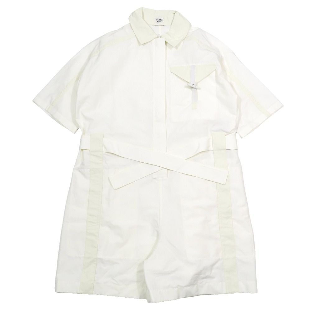 Hermes All in One Coverall Short Sleeve Shorts Half Zip Belt Cotton 34 White