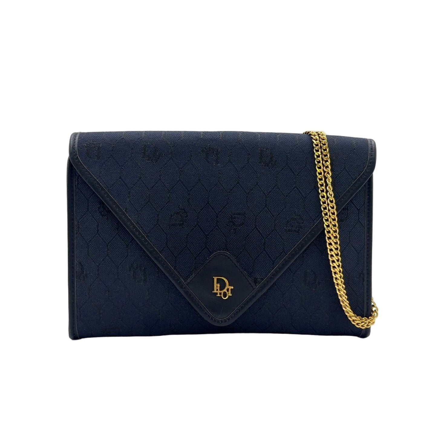 Dior Honeycomb Pattern Leather Canvas Navy Chain Shoulder Bag Gold