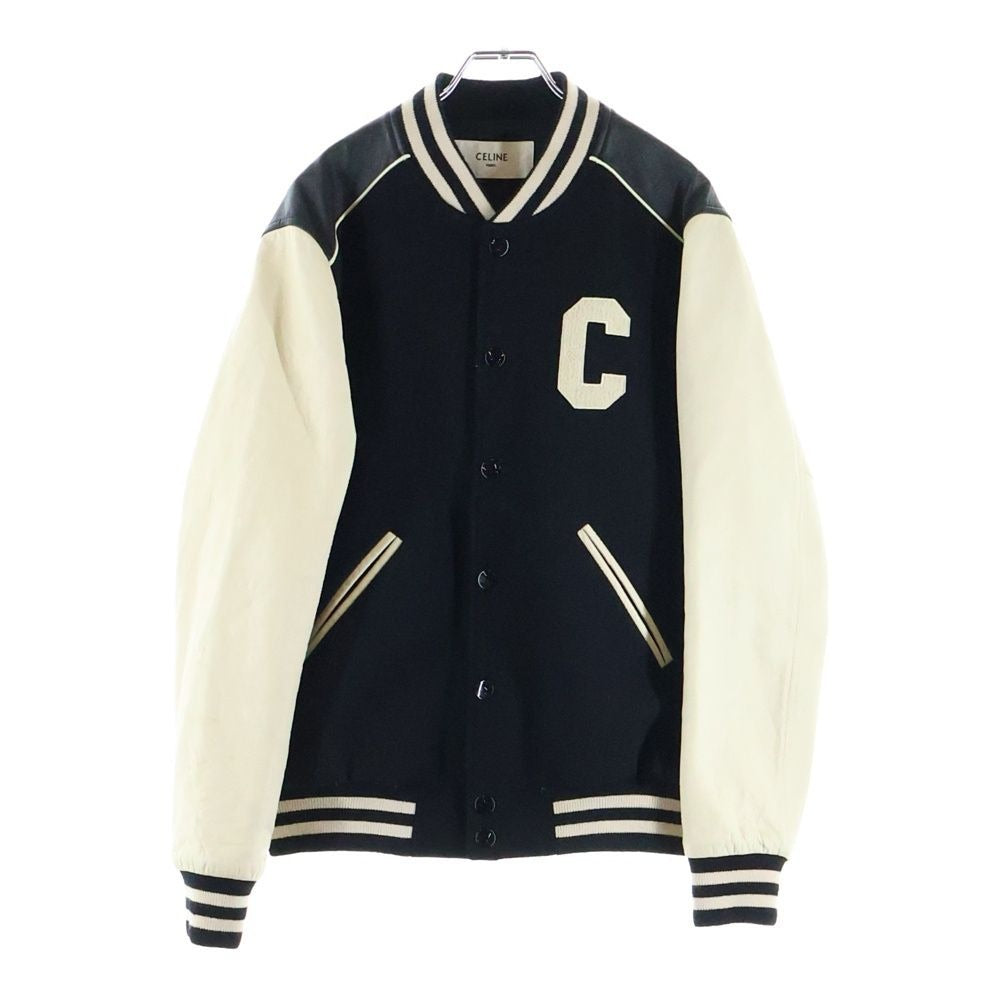 Celine Leather Trim Classic Teddy Jacket Wool Star Jean Black White